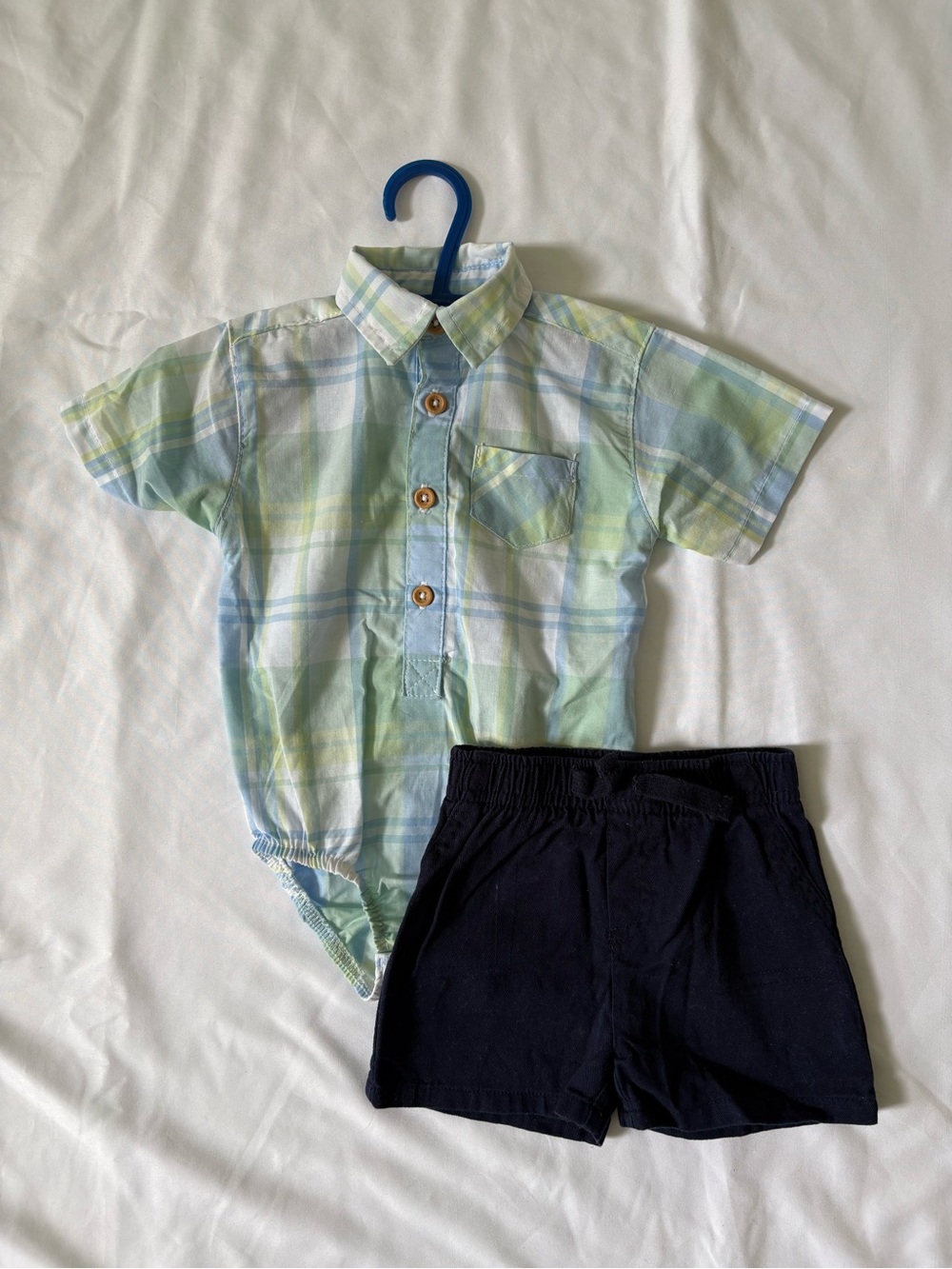 🚙 Baby Boy Green & Blue Plaid Shirt and shorts set